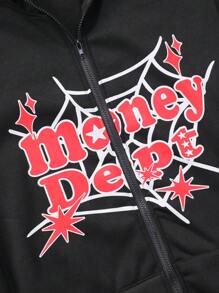 Manfinity Roghcode Men's Letter & Star Print Fleece Hooded Zip-Up Sweatshirt - Black - View 6