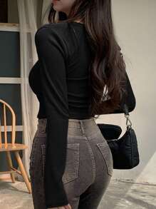 DAZY 女式纯色方领长袖T恤夏季短款女式上衣 - 黑色 - 查看 2