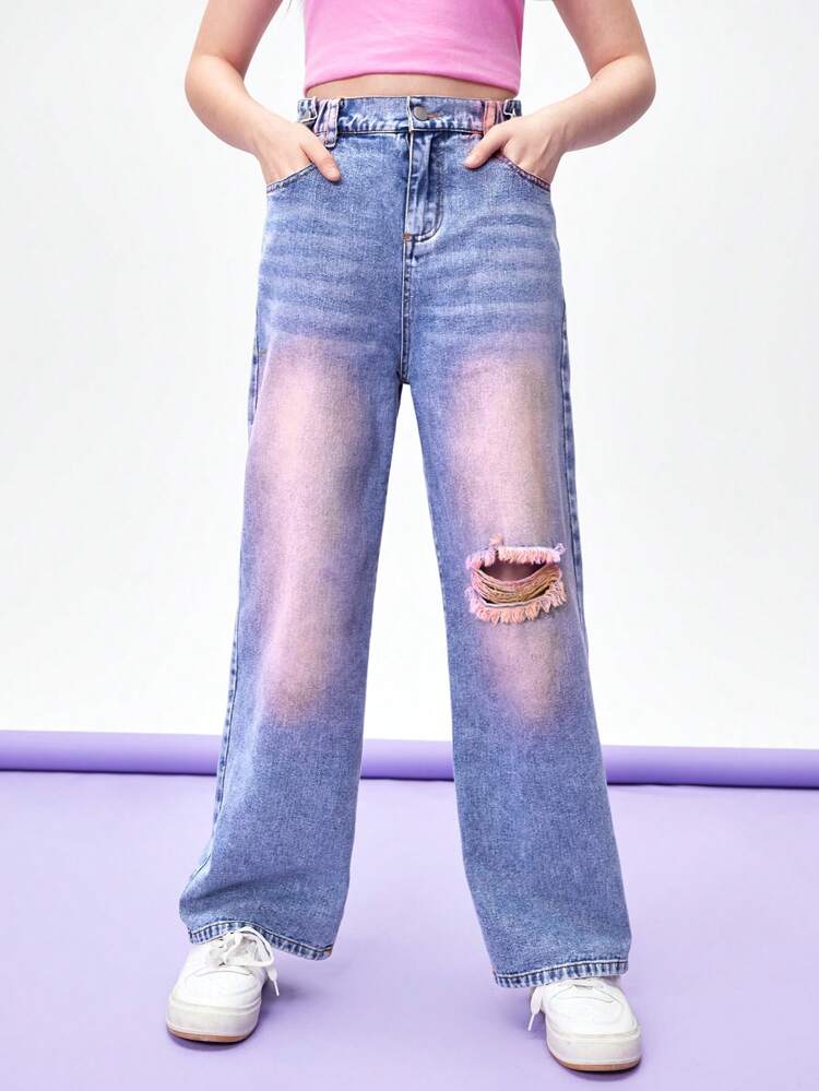 Teen Girl Simple Straight Hollow Out Denim Jeans