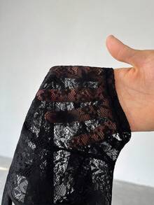 SHEIN Unity Top Corto De Encaje Transparente Con Gran Cuello Redondo Y Manga Corta