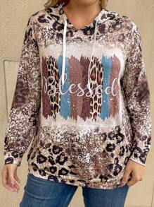 EMERY ROSE 加大码字母图案拼接印花袋鼠口袋抽绳卫衣 - 彩色 - 查看 1