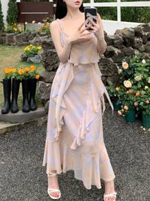 DAZY Women's Spaghetti Strap Sleeveless Ruffle Hem Chiffon Dress Sundress - Purple - View 8