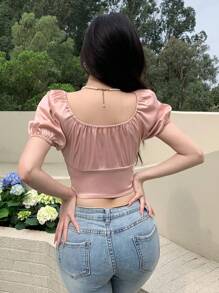 DAZY Của phụ nữ Ngắn tay Áo sơ mi Với Bong bóng Tay áo , Cổ vuông , Dây rút Và Thắt lưng - Hồng - Xem 5