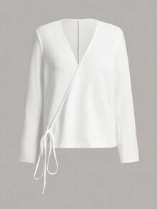 素色圍裹胸襟華夫格編織休閒服上裝 - 白色 - 查看 3