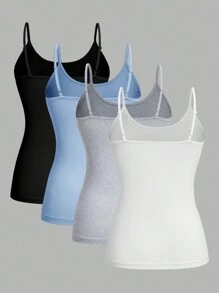 SHEIN EZwear 4 piezas Camisola casual sencilla de ajuste delgado, top de camisola de verano para mujeres enérgicas - Multicolor - Ver 2