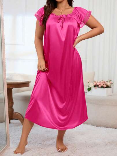 LuxeNights Plus Size Square Neckline Pajama Night Dress With Ruffle Trim Detail, Moo Moo