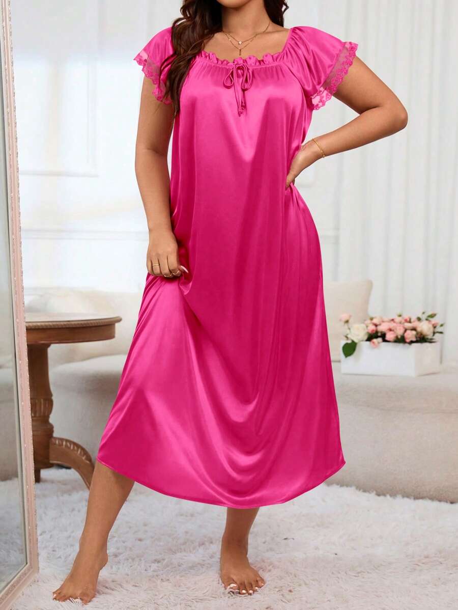 LuxeNights Plus Size Square Neckline Pajama Night Dress With Ruffle Trim Detail, Moo Moo - Hot Pink - View 1