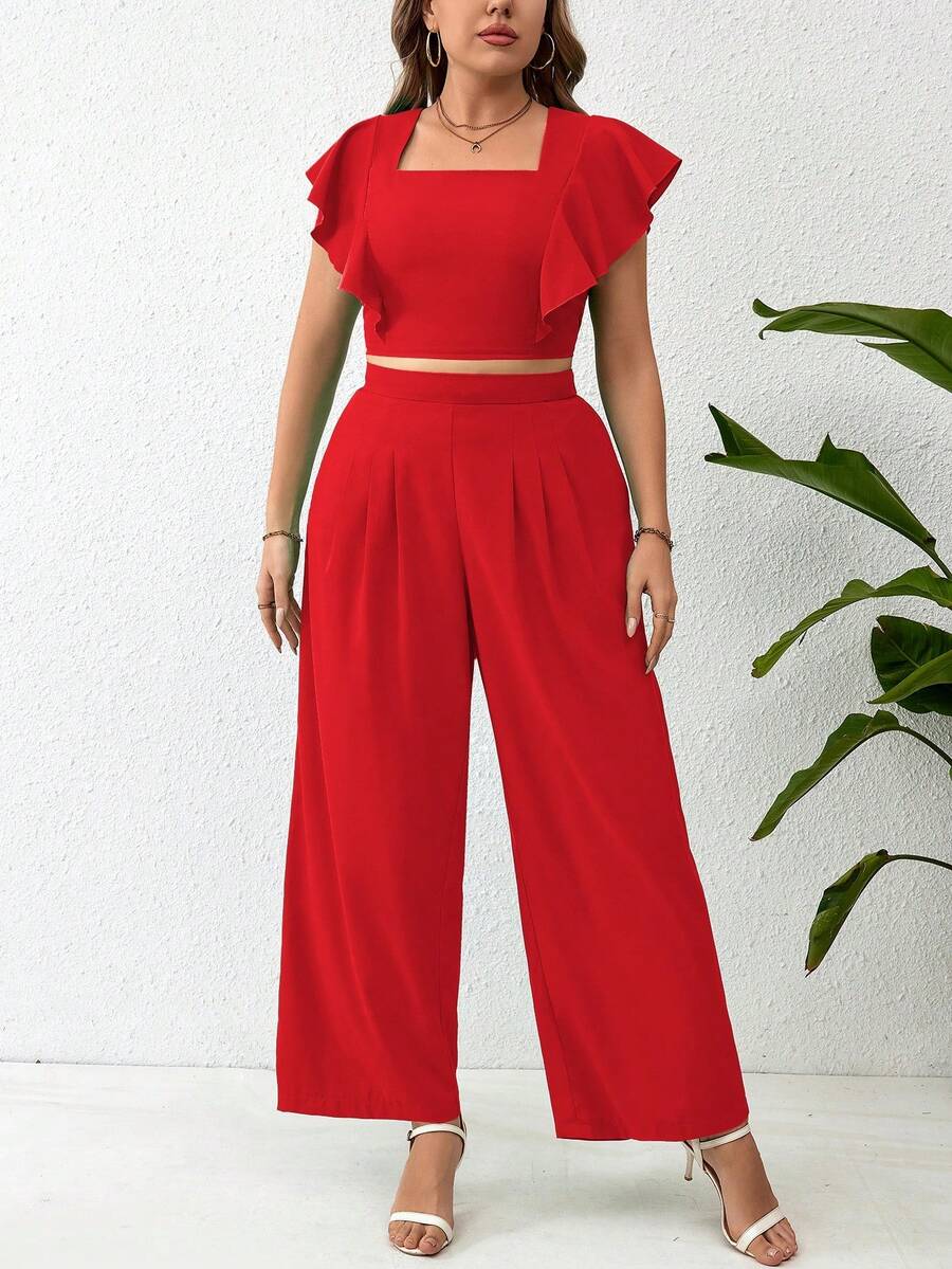 SHEIN Clasi 大尺碼實色方領短袖上衣,帶褶邊袖子和直筒褲,休閒風格 - 紅色 - 查看 1