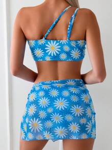 SHEIN Swim Conjunto de biquíni feminino estampado com margaridas, um ombro, oco, sexy, conjunto de biquíni de duas peças, verão, praia