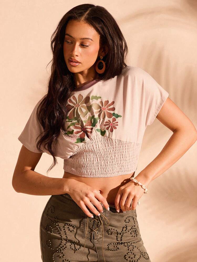 Women's Floral Print Shirred Loose Cropped T-Shirt