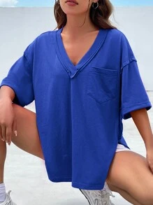 SHEIN EZwear 藍色針織女式v領t恤 - 寶藍色 - 查看 8