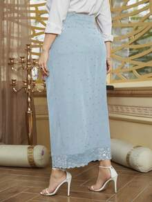 Modelyn 加大碼波點印花拼接蕾絲裙 - 藍色 - 查看 2