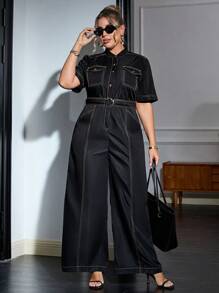 Sollinarry Plus Size Women's Casual Denim Effect Jumpsuit With Collar