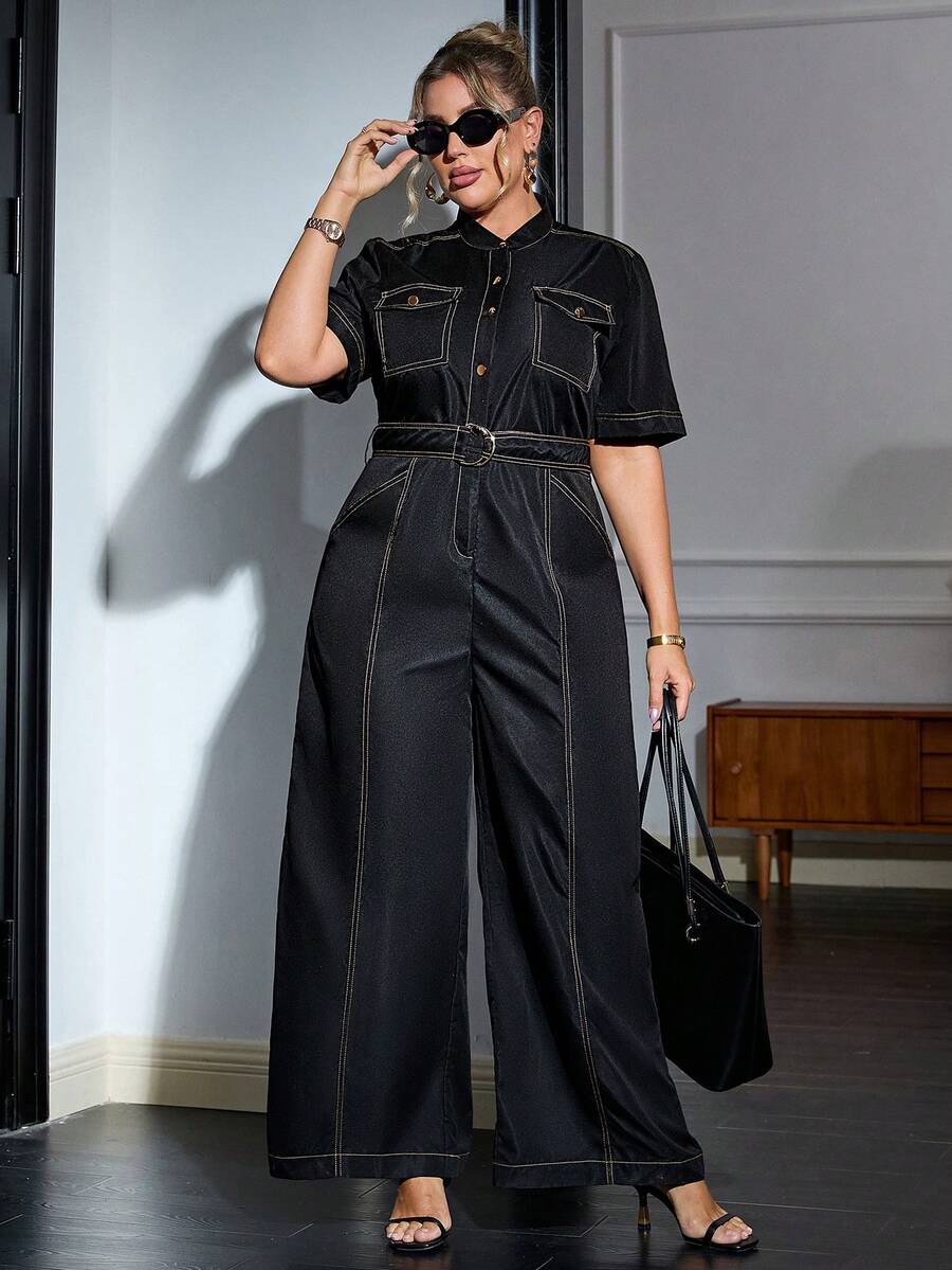 Sollinarry Plus Size Women's Casual Denim Effect Jumpsuit With Collar