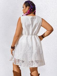 SHEIN Unity Plus Size Hollow Out Embroidered Solid Color Dress - White - View 4