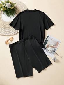 Calvaya Kích thước lớn Màu thuần Tối giản Tim & In bướm Ngắn tay Áo thun Và Quần short - màu đen - Xem 2