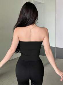 DAZY 女士纯色镂空无肩带上衣 外出上衣 性感女式上衣 抹胸上衣 - 黑色 - 查看 2