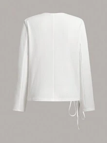 素色圍裹胸襟華夫格編織休閒服上裝 - 白色 - 查看 4