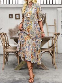 Louniche 印花paisley短袖連衣裙,前打結設計和荷葉邊 - 彩色 - 查看 6