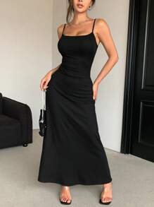 DAZY Einfarbiges langes, schlank geschnittenes Trägerkleid mit Gürtel für Damen als Sommerkleid - Schwarz - Übersicht 5