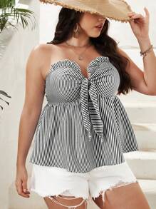 SHEIN VCAY 粗條紋印花打結前褶飾花邊圓管夏季上衣(大寬鬆尺寸) - 黑與白 - 查看 4