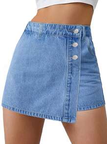 Women's Versatile Button Decor 2 In 1 Shorts, Summer Casual - Light Wash - View 8
