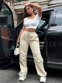 SHEIN SXY Pantalones Vaqueros Para Mujer De Cintura Con Cordón En Color Sólido Con Bolsillos Con Solapa - Caqui - Ver 5