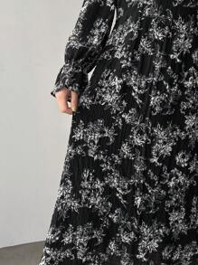 FRIFUL Designer Women's Full Bloom Floral Printed Plisse Pleated Dress With Round Neckline And Ruffle Sleeves,Fall Dress Long Sleeve Dress Vacation Outfits Women Boho - Multicolor - View 6