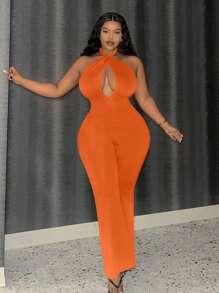 Slaydiva Mono De Talle Grande Cruzado Con Tirantes Halter Cuello, Espalda Abierta Y Piernas Acampanadas - Naranja - Ver 2