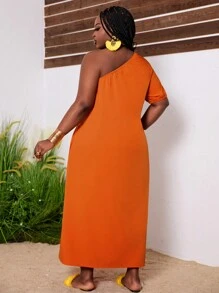 Slaydiva Freizeit Einfarbig Lockeres Ein-schulter-kurzarmkleid Mit Taschen Für Übergrößen Frauen