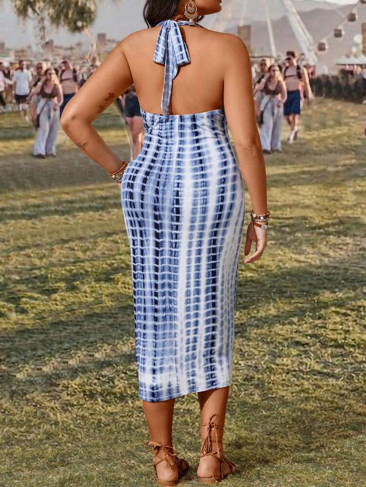 Plus Size Tie Dye Halter Neck Vacation Dress