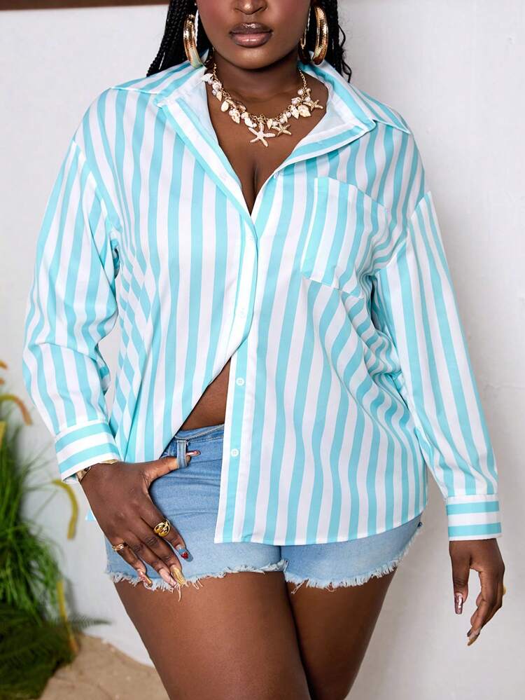 Plus Size Daily Elegant Commuting Striped Loose Fit Shirt
