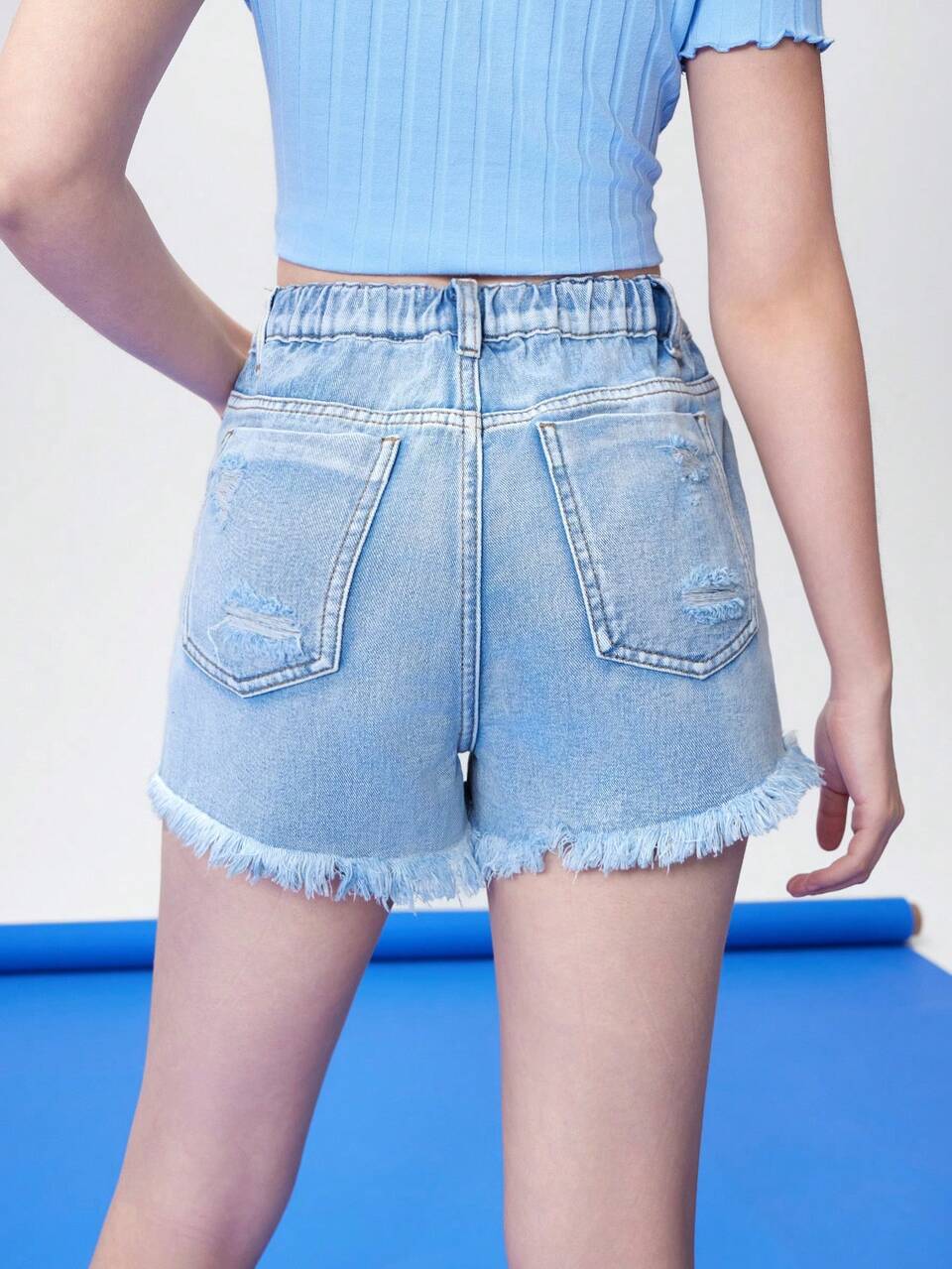 Teen Girls' Printed Ripped Denim Shorts With Large Pockets And Frayed Hem