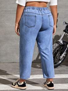 SHEIN EZwear Kích thước lớn Lỏng lẻo Quần jean Tapered Với Chi tiết đau khổ Và Đường chéo Túi - Rửa trung bình - Xem 2