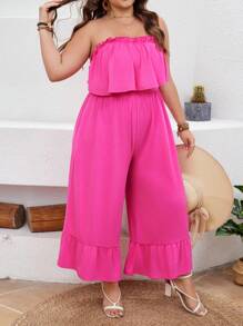 SHEIN VCAY 大尺碼純色寬鬆無肩帶連體褲,帶有荷葉邊設計 - 藏蓝色 - 查看 3