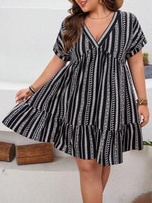 SHEIN VCAY Kích thước lớn Của phụ nữ Sọc Cổ chữ V Kỳ nghỉ Đầm - màu đen - Xem 3