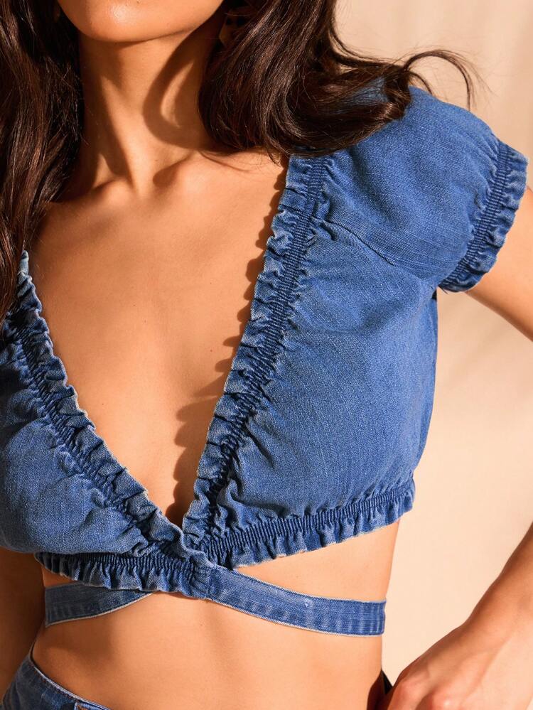 Casual Deep V Neck Criss-Cross Crop Denim Top In Blue