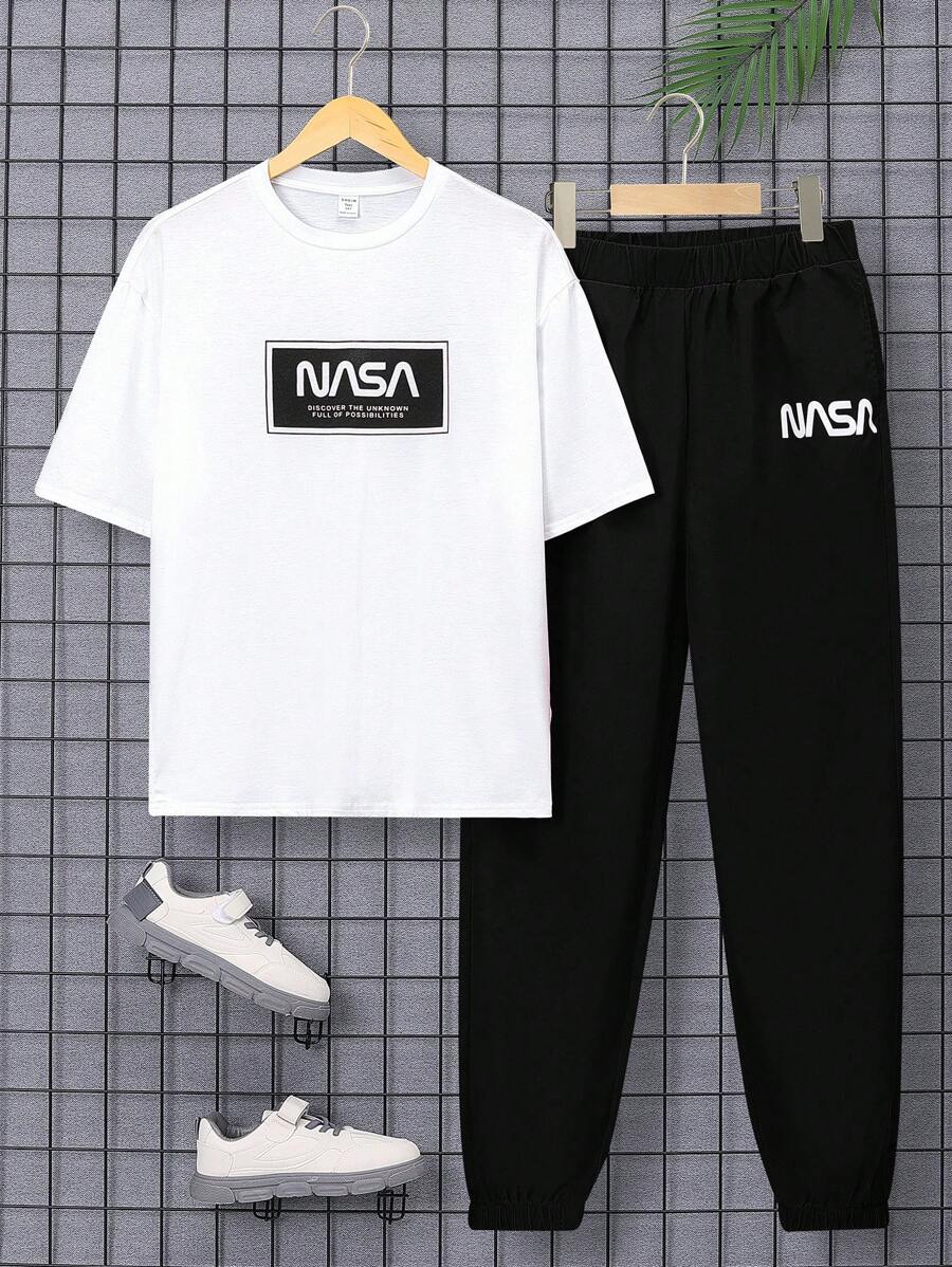 SHEIN Leap Crew Teen Boy Casual Letter Print Color Block Short Sleeve T-Shirt And Long Pants Two-Piece Set For Spring And Summer - Black - View 1