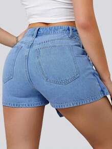 Women's Versatile Button Decor 2 In 1 Shorts, Summer Casual - Light Wash - View 4