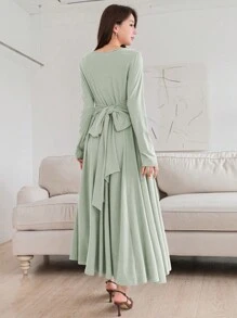 DAZY Solid Color V-Neck Long Sleeve Cinching Waist Dress,Fall Dress - Green - View 2