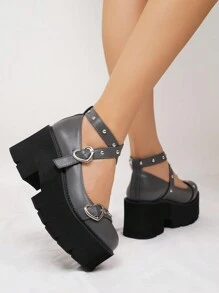 新春夏季經典高端灰色時尚珍鞋,配有心形扣和交叉帶 - 灰色 - 查看 4