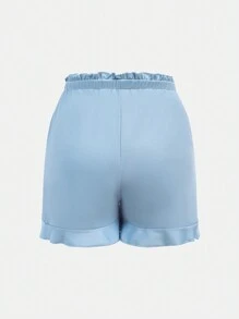 少女簡約休閒可愛荷葉邊背心上衣和短褲套裝 - 淺藍色 - 查看 3