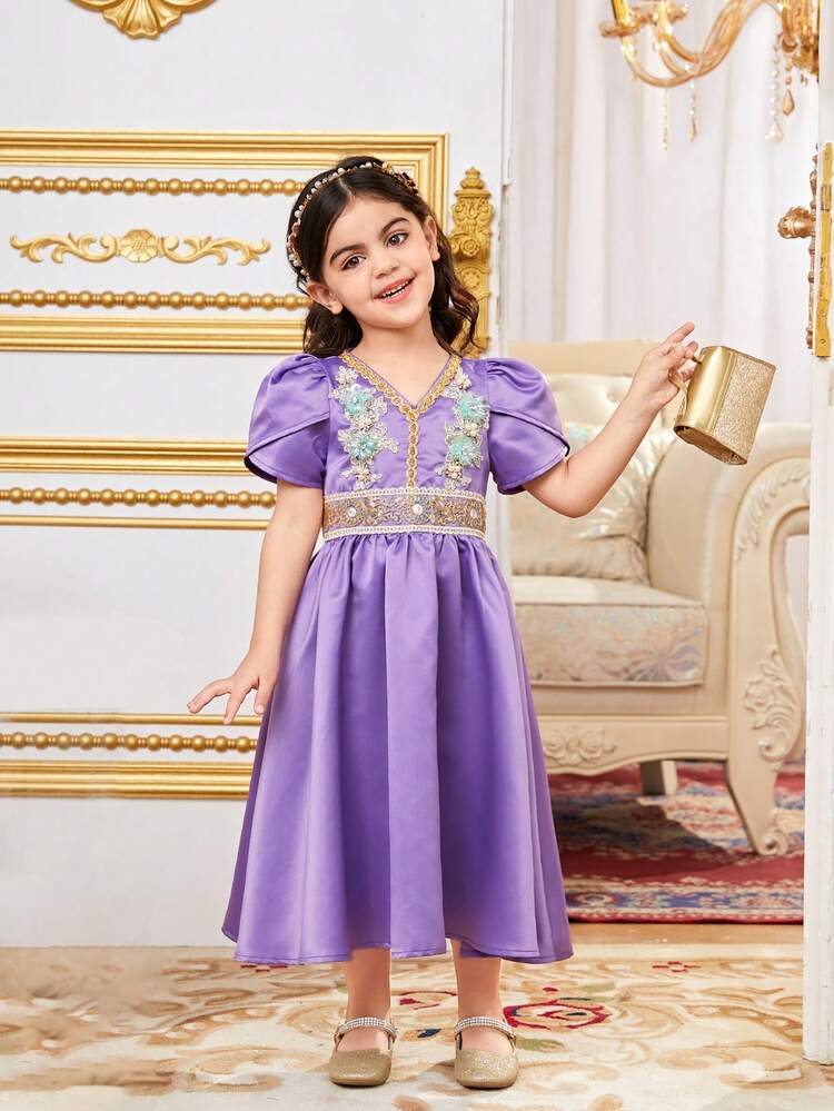 Casual V-Neck Flower Pattern Dress For Young Girls