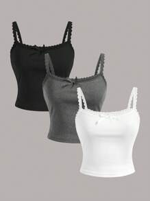 SHEIN EZwear 3pcs Lace Patchwork Slim Fit Basic Camisoles Suitable For Summer
