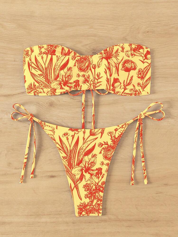 Plant Print Bandeau Bikini Set, Two Pieces Bikini Set Summer Beach