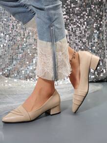 Women High Heel Shoes, Pointed Toe Ruched Mid Heel Slip-On Dress Pumps, Comfortable Versatile Black High Heels - Apricot - View 7