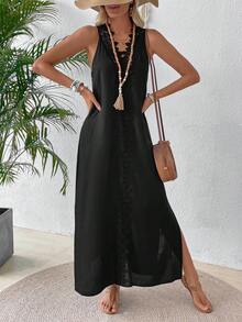 SHEIN Holidaya 女性鬆身款長款蕾絲拼接無袖連衣裙 - 黑色 - 查看 5