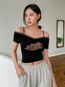 DAZY 女款露肩字母印花短袖t恤 - 黑色 - 查看 3