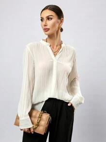 Aveloria Chiffon Crushed Notch Collar Casual Shirt Fall Cloth For Women