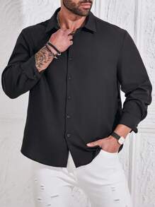 Manfinity Homme Herren Große Größen Einfarbiges Langarm Businesshemd, Ausgehen, Tailliertes Schwarzes Hemd, Herren Businesshemd, Schwarzes Hemd mit Knopfleiste, Herbst